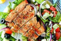 Greek Salmon Salad with Feta, Olives, and Lemon-Dill Dressing