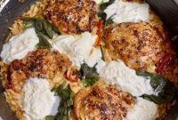 One-Pan Chicken with Orzo, Sun-Dried Tomatoes & Burrata