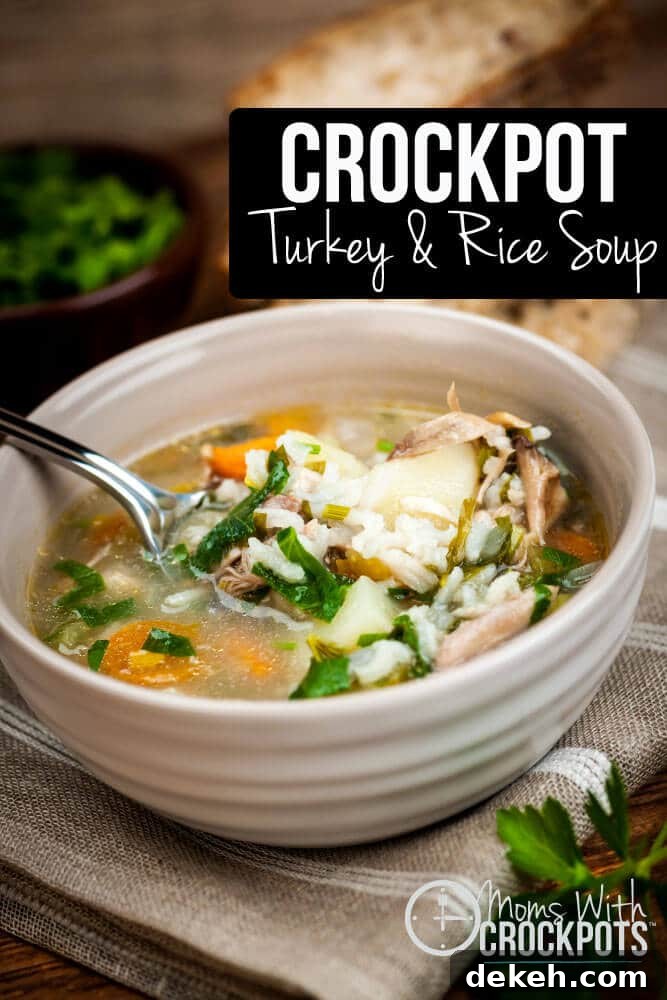 Use up those leftovers! This Crockpot Turkey & Rice Soup Recipe is a delicious option!