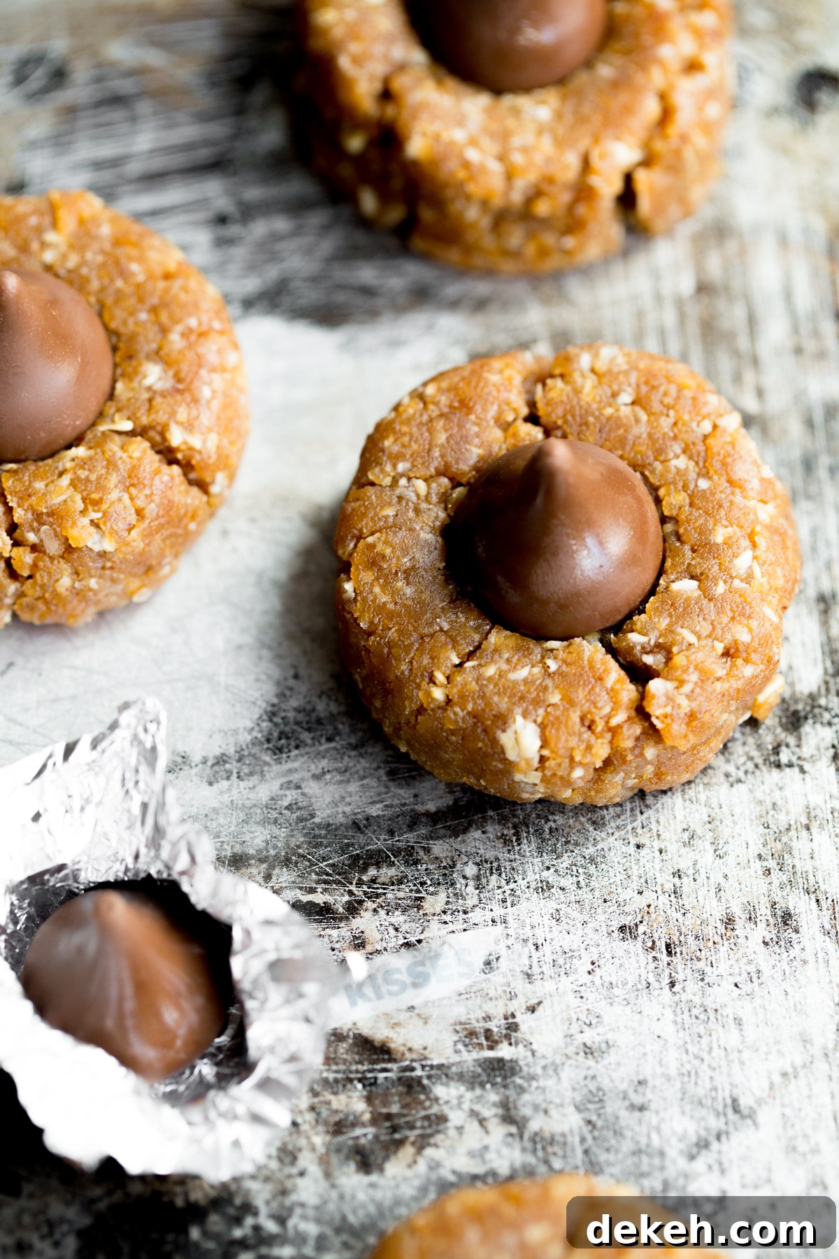 healthy peanut butter kiss cookies on sheet pan