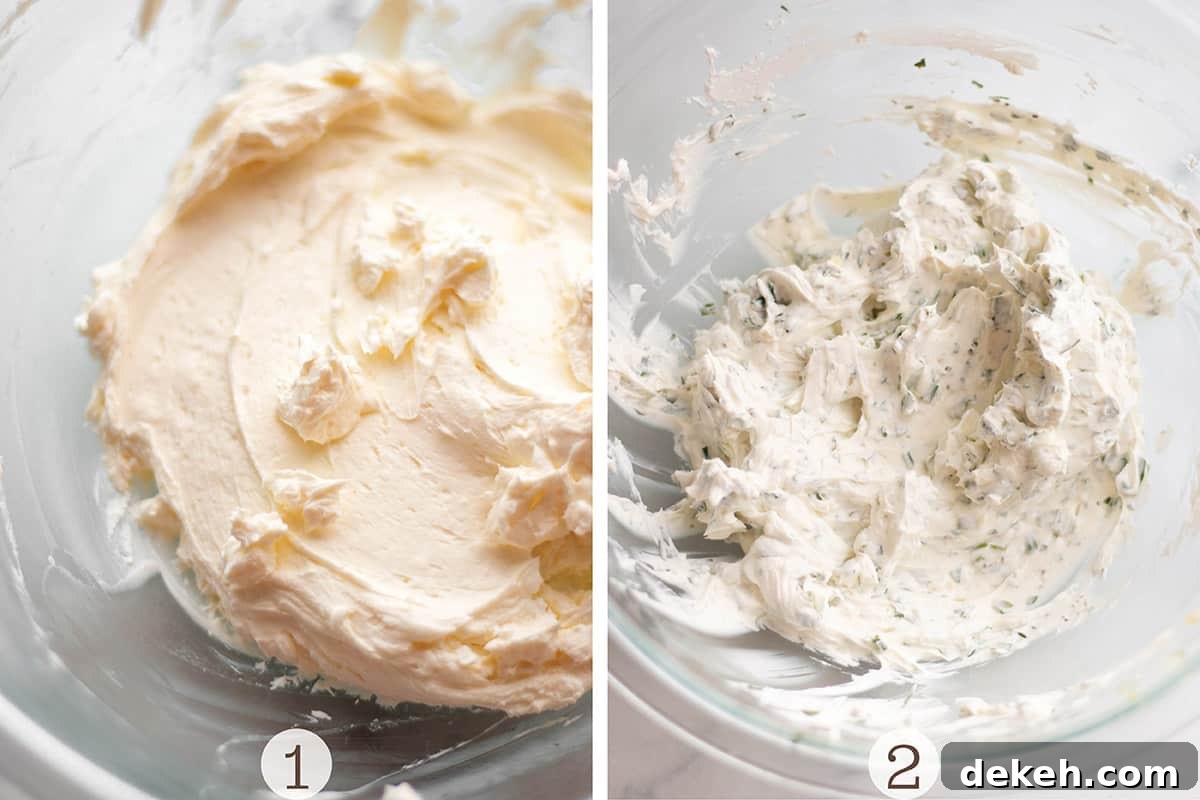 Creamy Chilled Crab Dip Recipe for Parties and Appetizers 4 One photo with cream cheese and sour cream creamed together and a second photo with fresh herbs added.