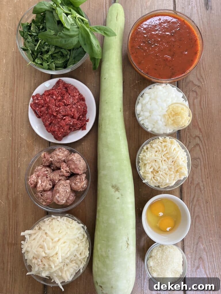 Prepped ingredients for stuffed cucuzza squash recipe.