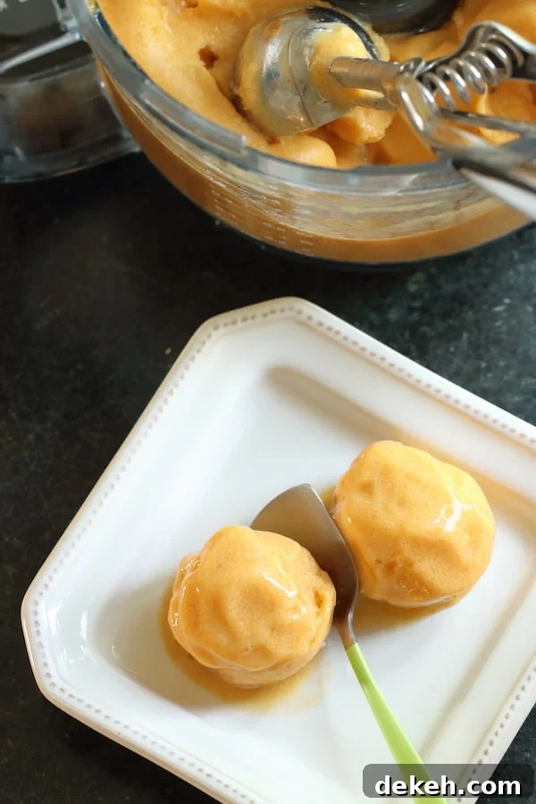 Two scoops of peach dairy-free sorbet using the "easy (no stir)" method