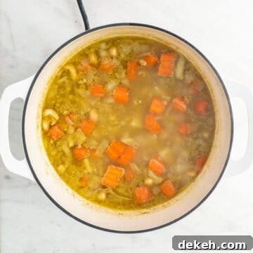 Cooked soup before blending and adding the broccoli and vegan cheese.
