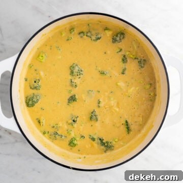 Blended soup in a large pot with broccoli and vegan cheese before cooking.