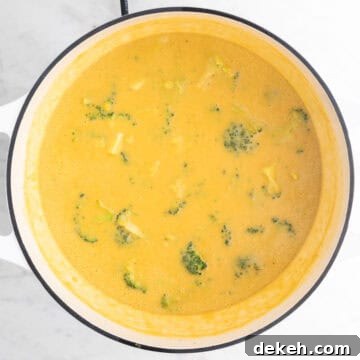 Vegan broccoli cheddar soup in a large pot fully cooked.