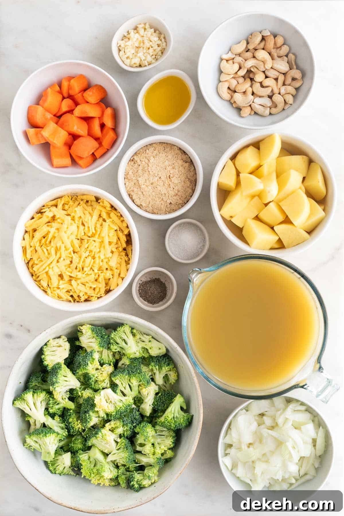 Ingredients for making vegan broccoli cheddar soup.