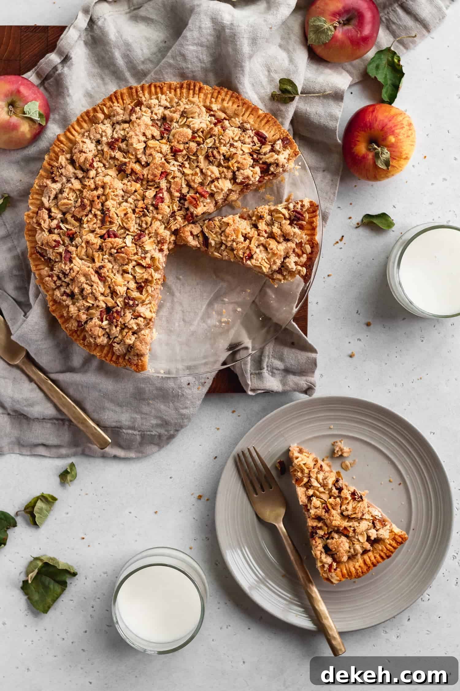 Gluten free Dutch apple pie with a slice on a plate