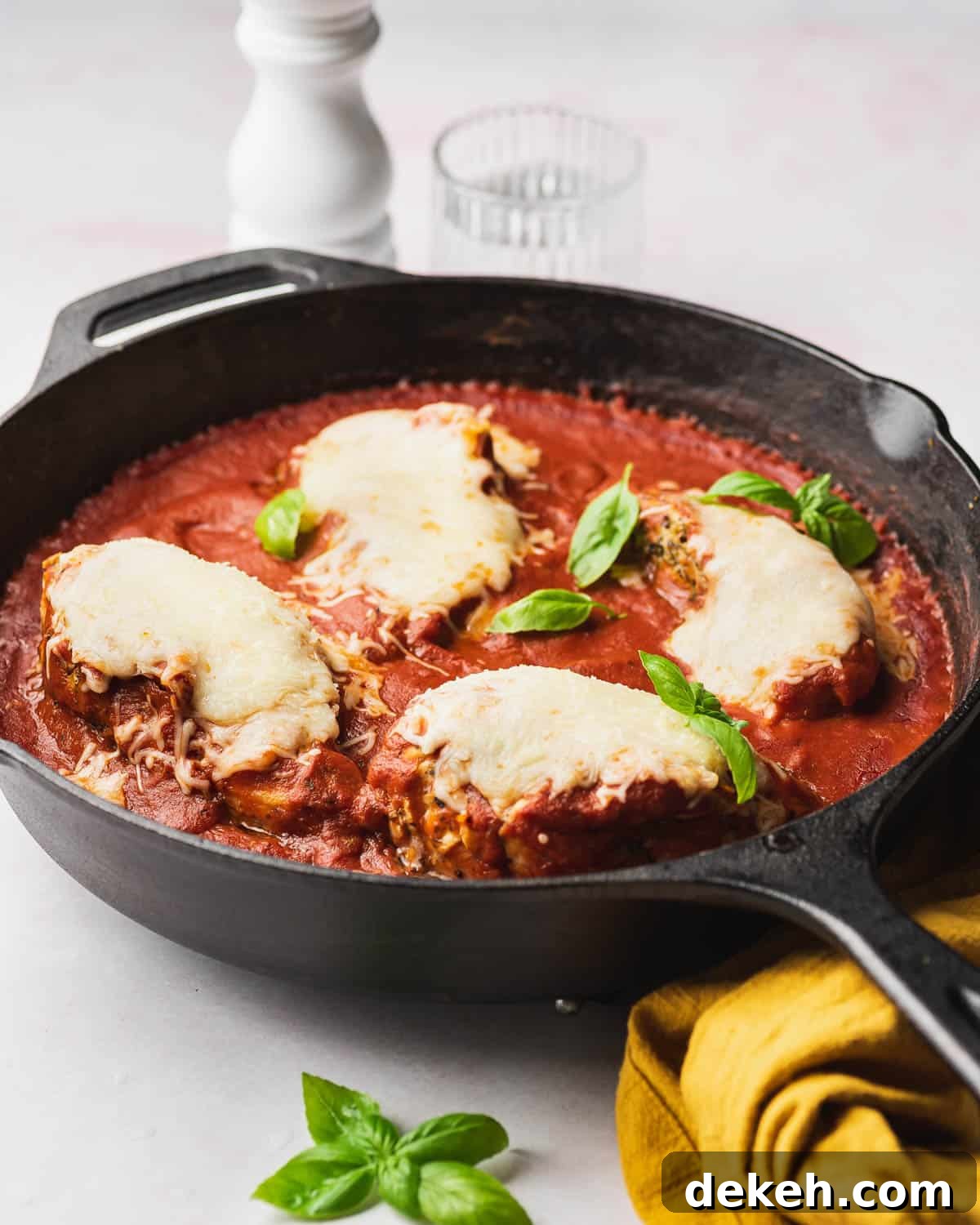 Mozzarella chicken in a cast iron with fresh basil.