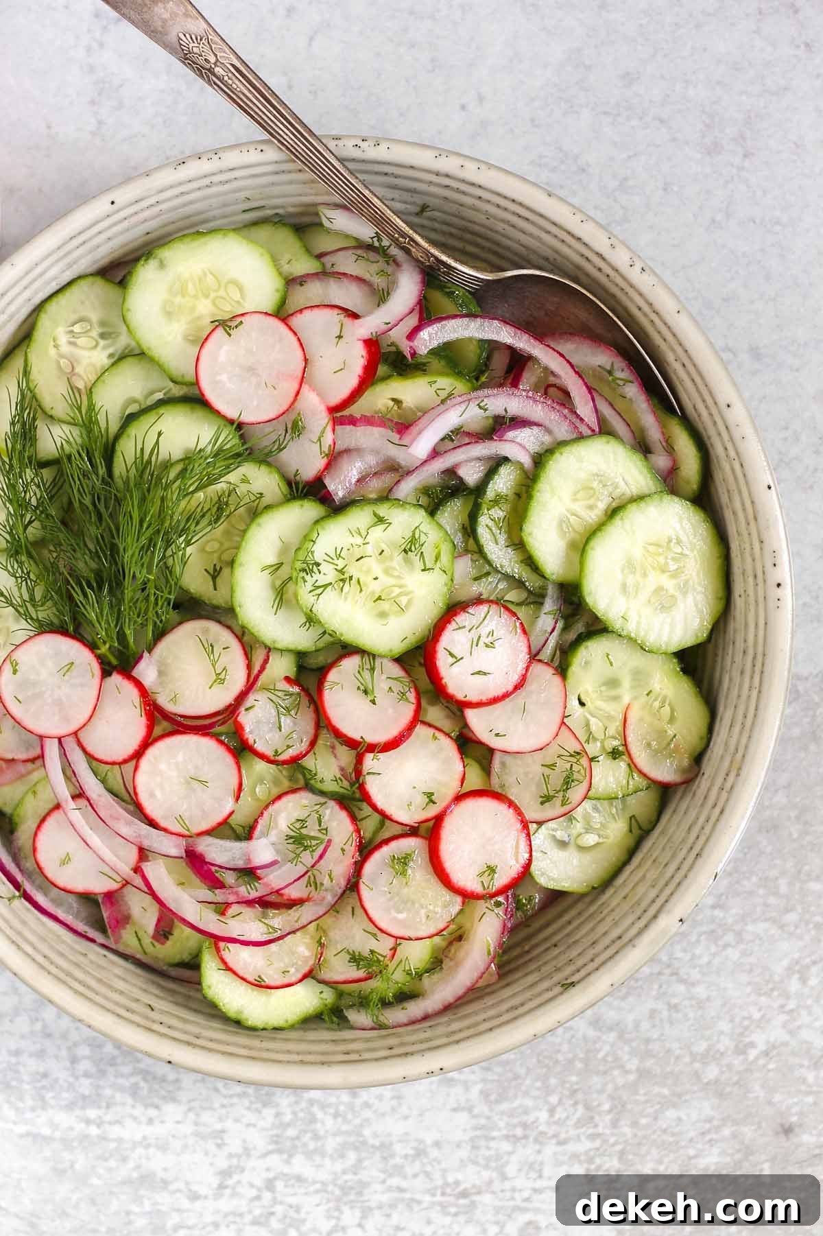 Cucumber radish salad in a serving bowl with red onion and sprigs of fresh dill.