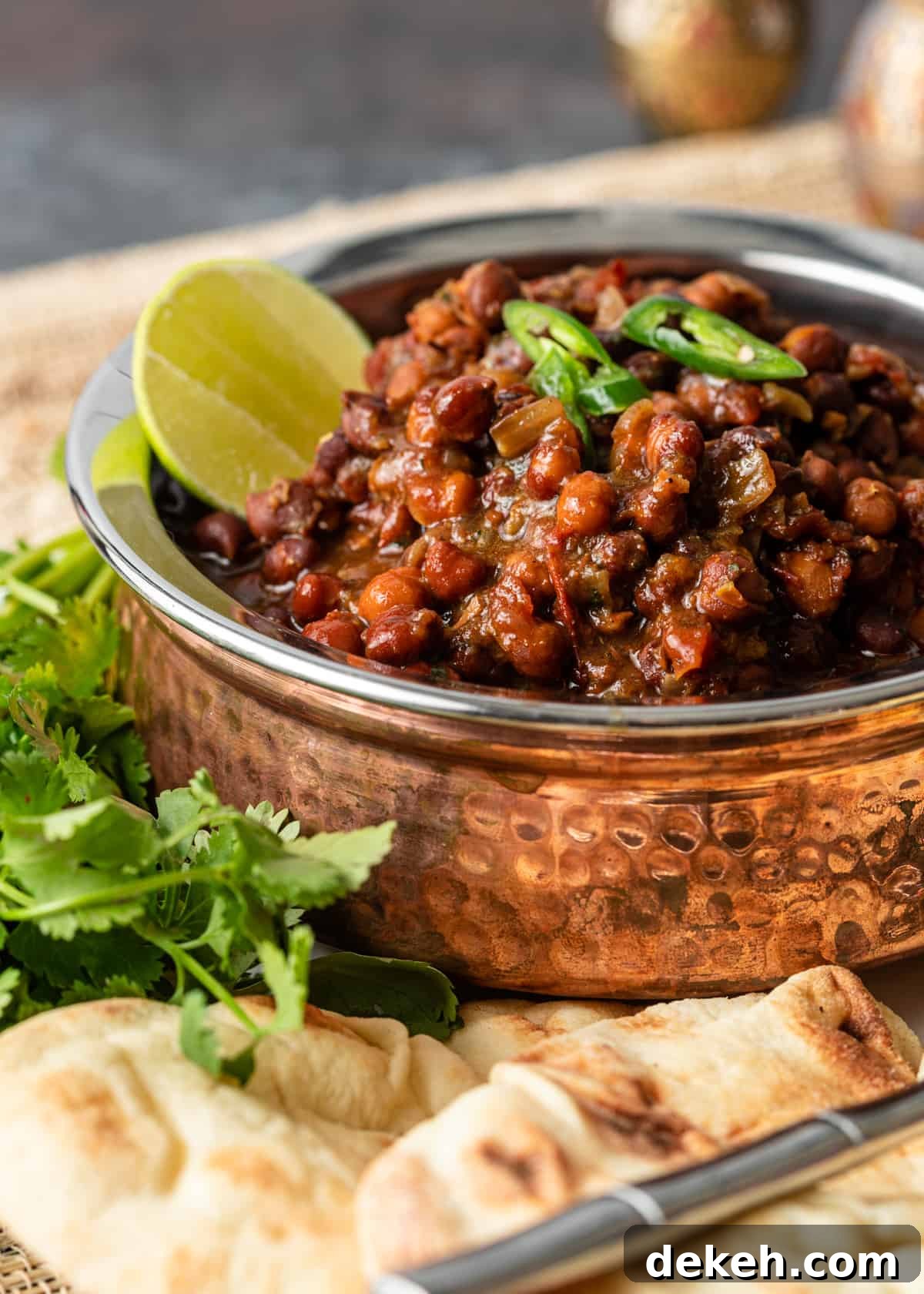 serving dish of black chickpea curry
