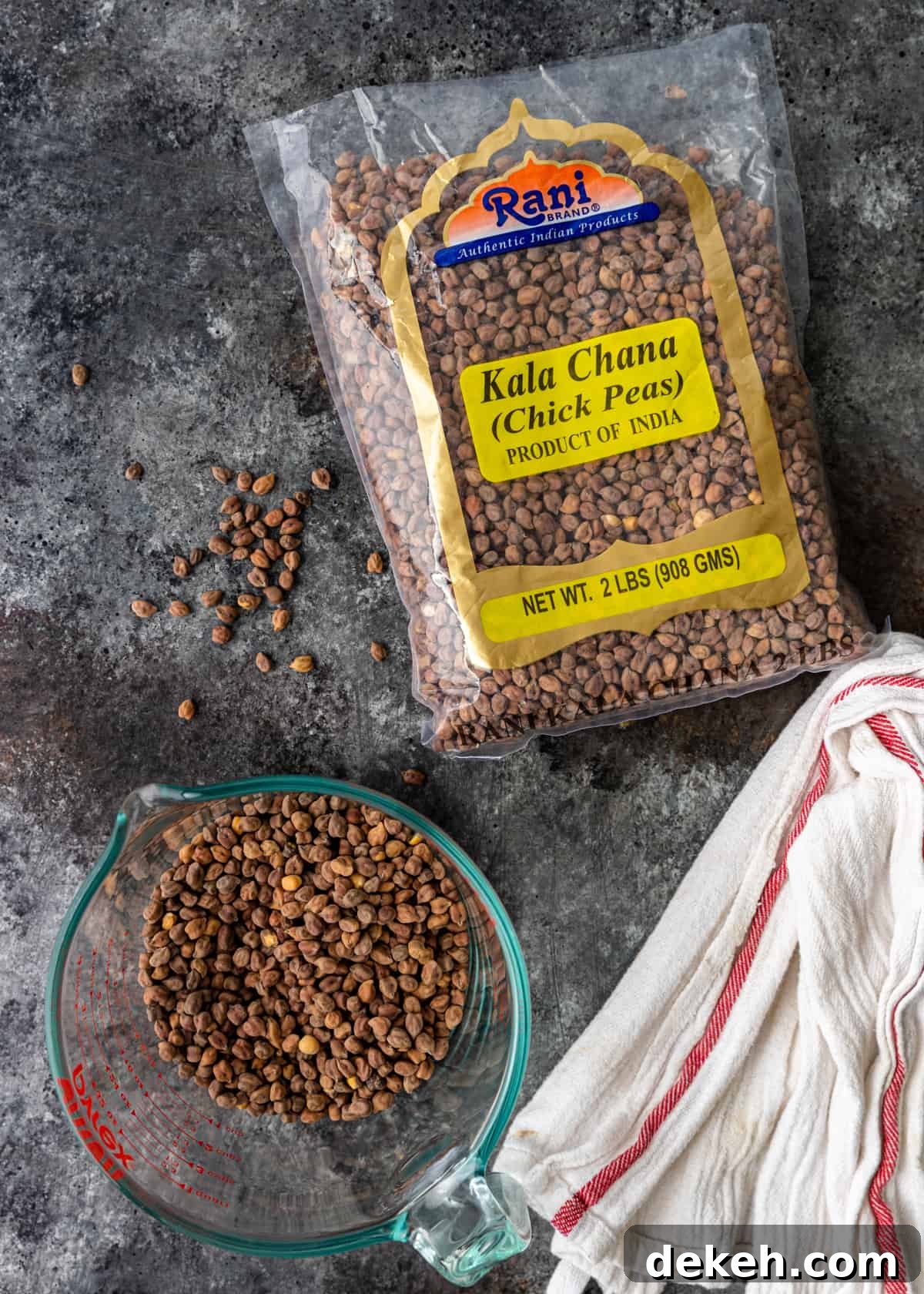 overhead: bag of black chickpeas or kala chana