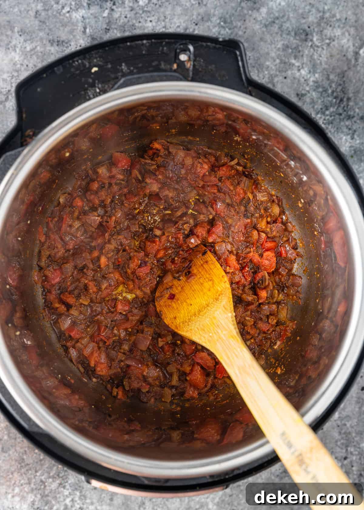 overhead: cooked kala chana recipe vegetable base in instant pot