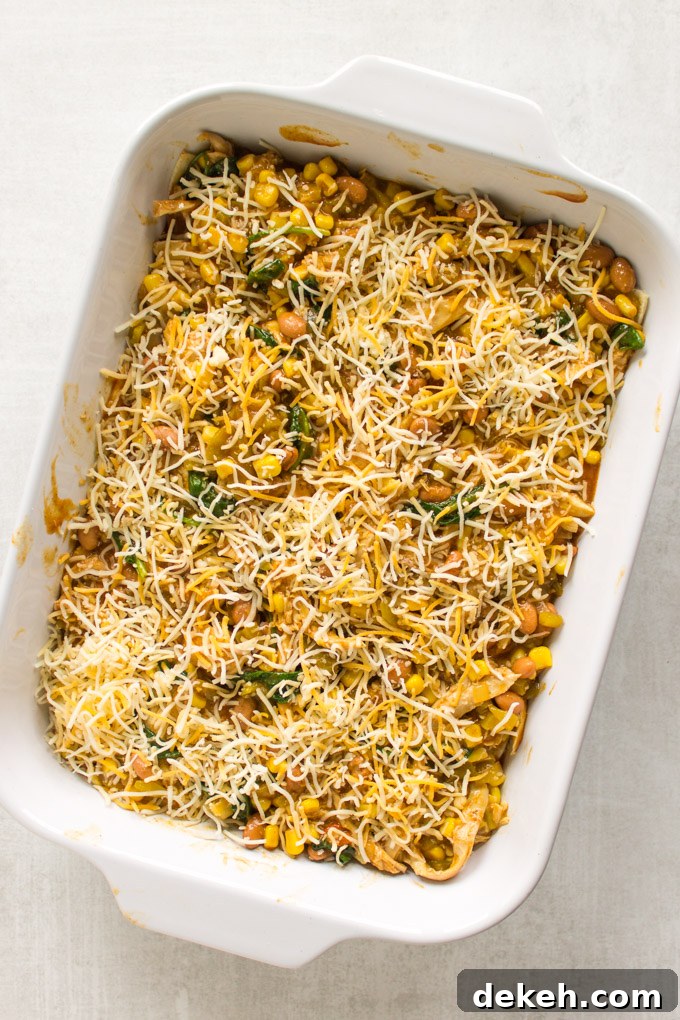Easy Chicken Enchilada Casserole - all the enchilada flavors made into a casserole that's layered with corn tortillas. This casserole is perfect for feeding a crowd or meal prep. Makes great leftovers. #chicken #recipe #enchiladas #Mexicanfood #cincodemayo #glutenfree #corn #cleaneating #healthyfood #cheese #mealprep | robustrecipes.com