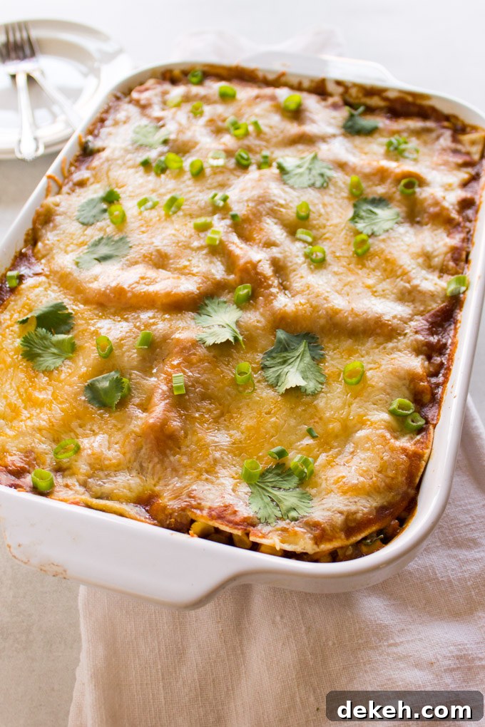 Easy Chicken Enchilada Casserole - all the enchilada flavors made into a casserole that's layered with corn tortillas. This casserole is perfect for feeding a crowd or meal prep. Makes great leftovers. #chicken #recipe #enchiladas #Mexicanfood #cincodemayo #glutenfree #corn #cleaneating #healthyfood #cheese #mealprep | robustrecipes.com