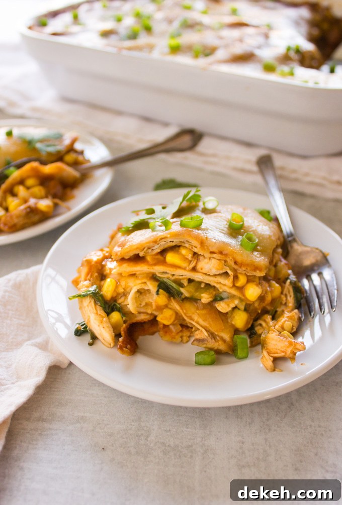 Easy Chicken Enchilada Casserole - all the enchilada flavors made into a casserole that's layered with corn tortillas. This casserole is perfect for feeding a crowd or meal prep. Makes great leftovers. #chicken #recipe #enchiladas #Mexicanfood #cincodemayo #glutenfree #corn #cleaneating #healthyfood #cheese #mealprep | robustrecipes.com