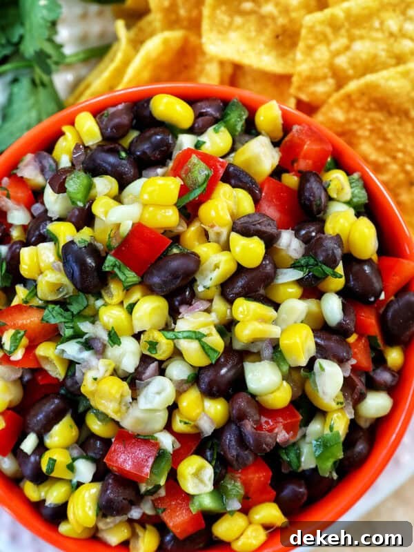 bowl of black bean corn dip with side of chips.