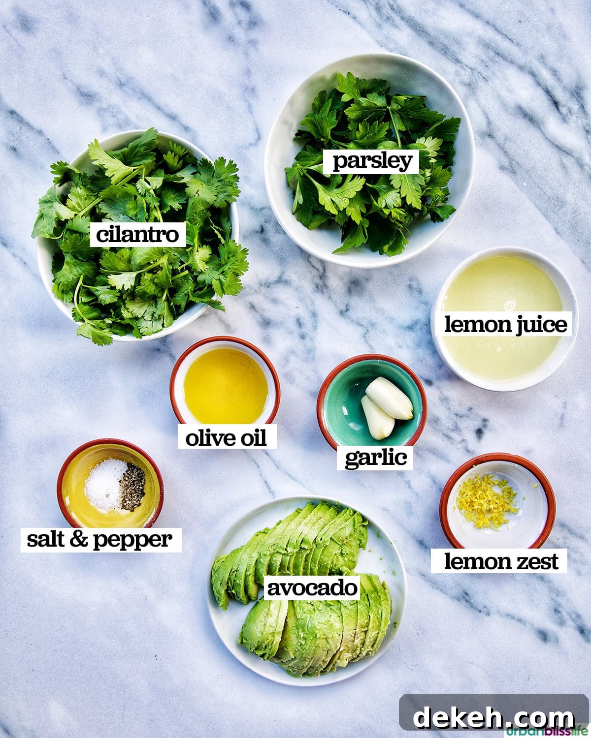 bowls of ingredients to make vegan green goddess dressing