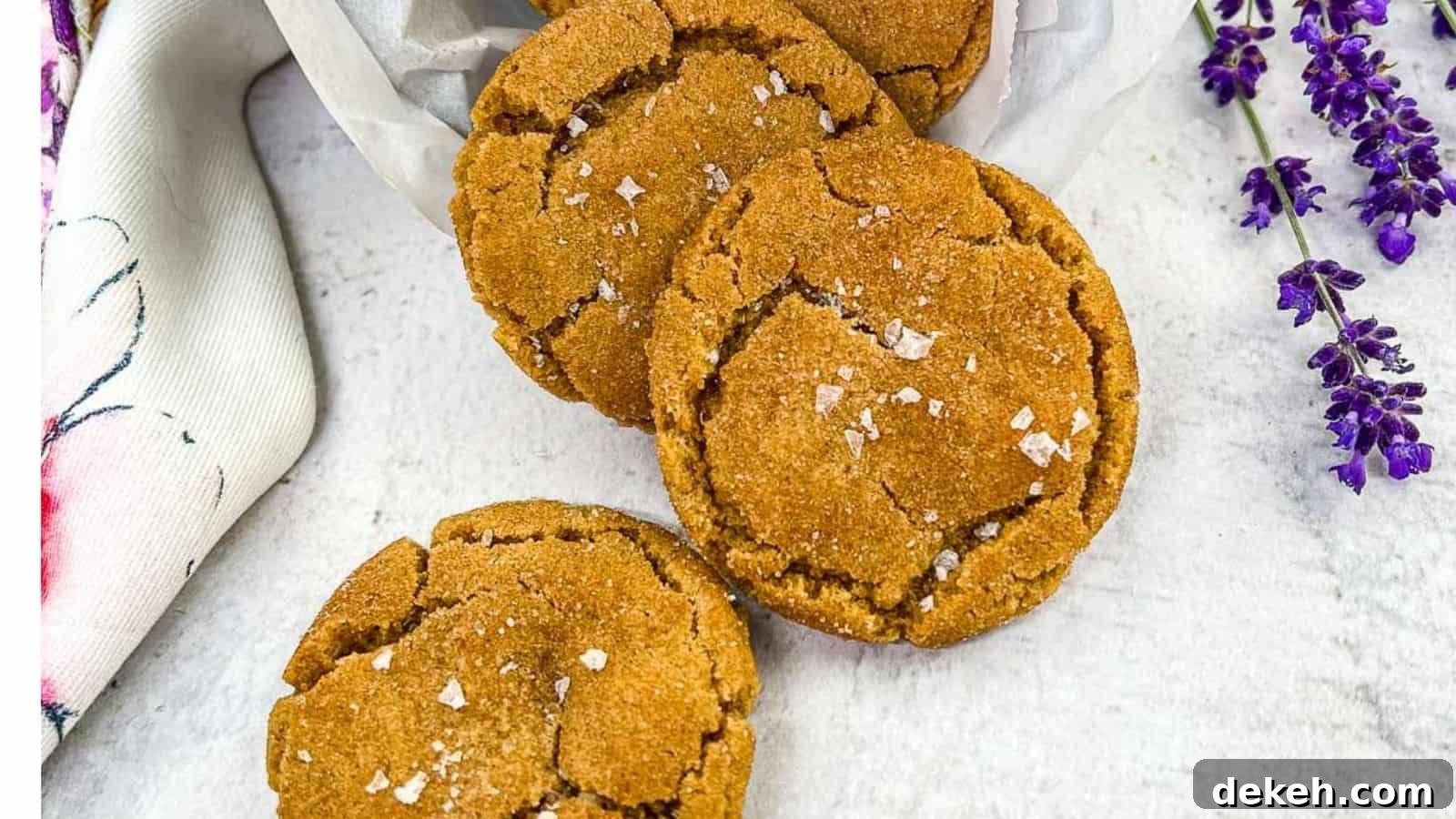 Three brown butter snickerdoodle cookies arranged on a white surface, sprinkled with sea salt flakes, with a white cloth and purple flowers on the side.