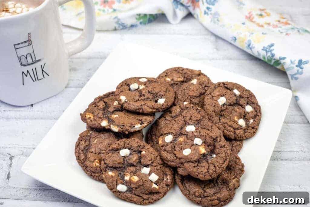 A white square plate with a stack of chocolate cookies featuring white chocolate chips.