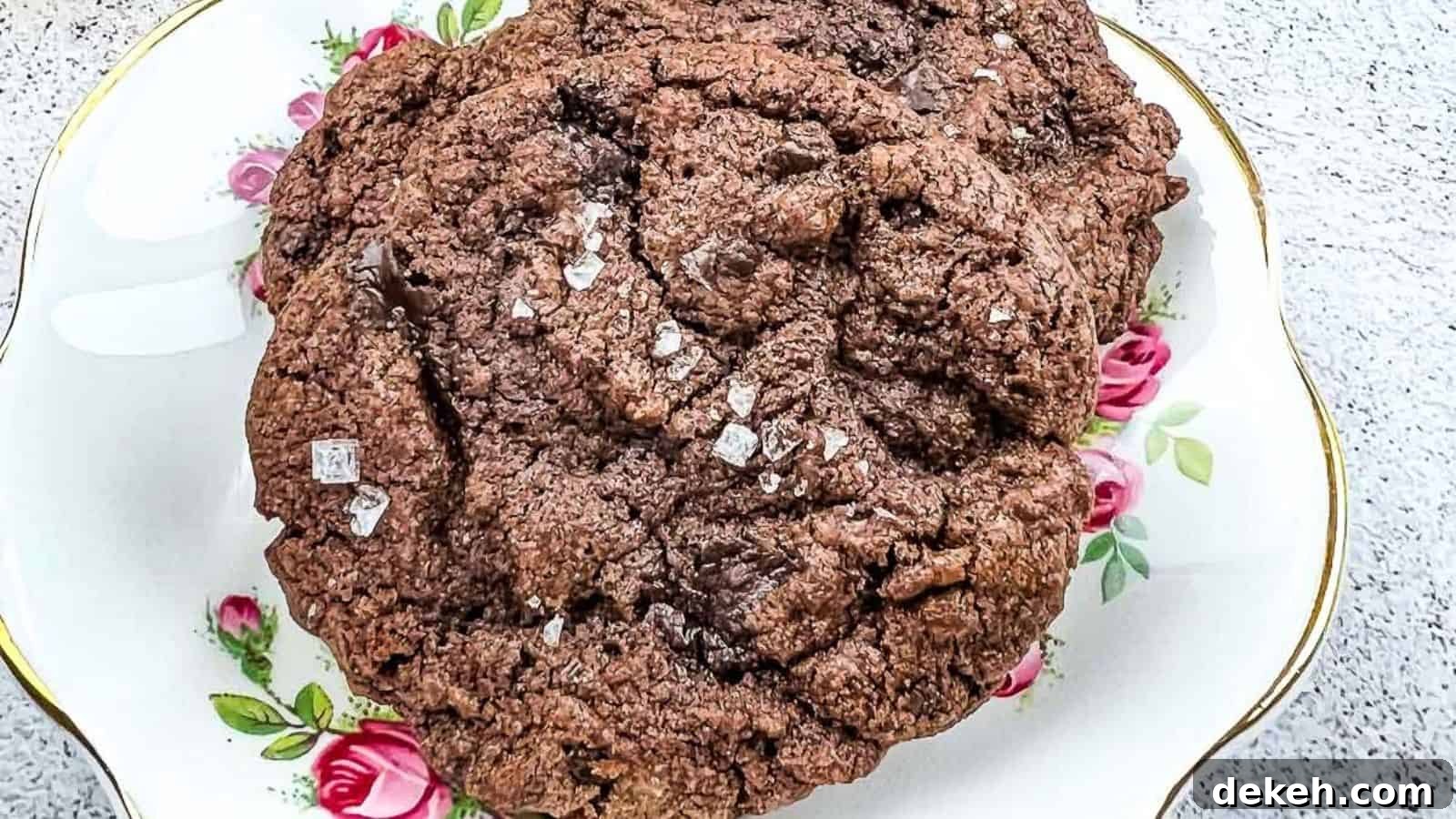 A close-up of a large chocolate cookie sprinkled with coarse salt, placed on a decorative plate with pink rose patterns.
