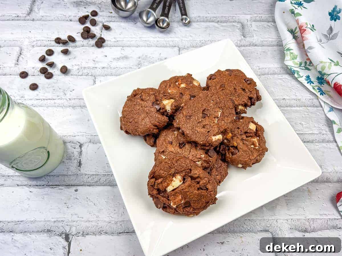 Chocolate overload cookies on a white plate.