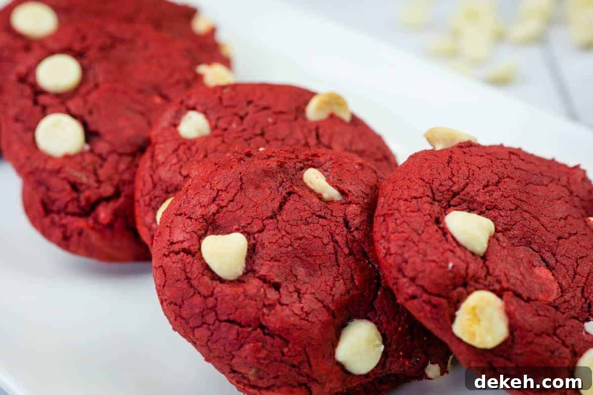 Four red velvet cookies with white chocolate chips on a white rectangular plate.