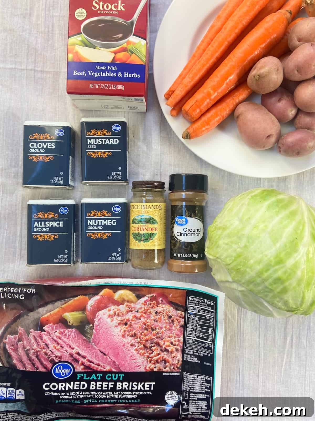 Corned Beef ingredients on white tablecloth.