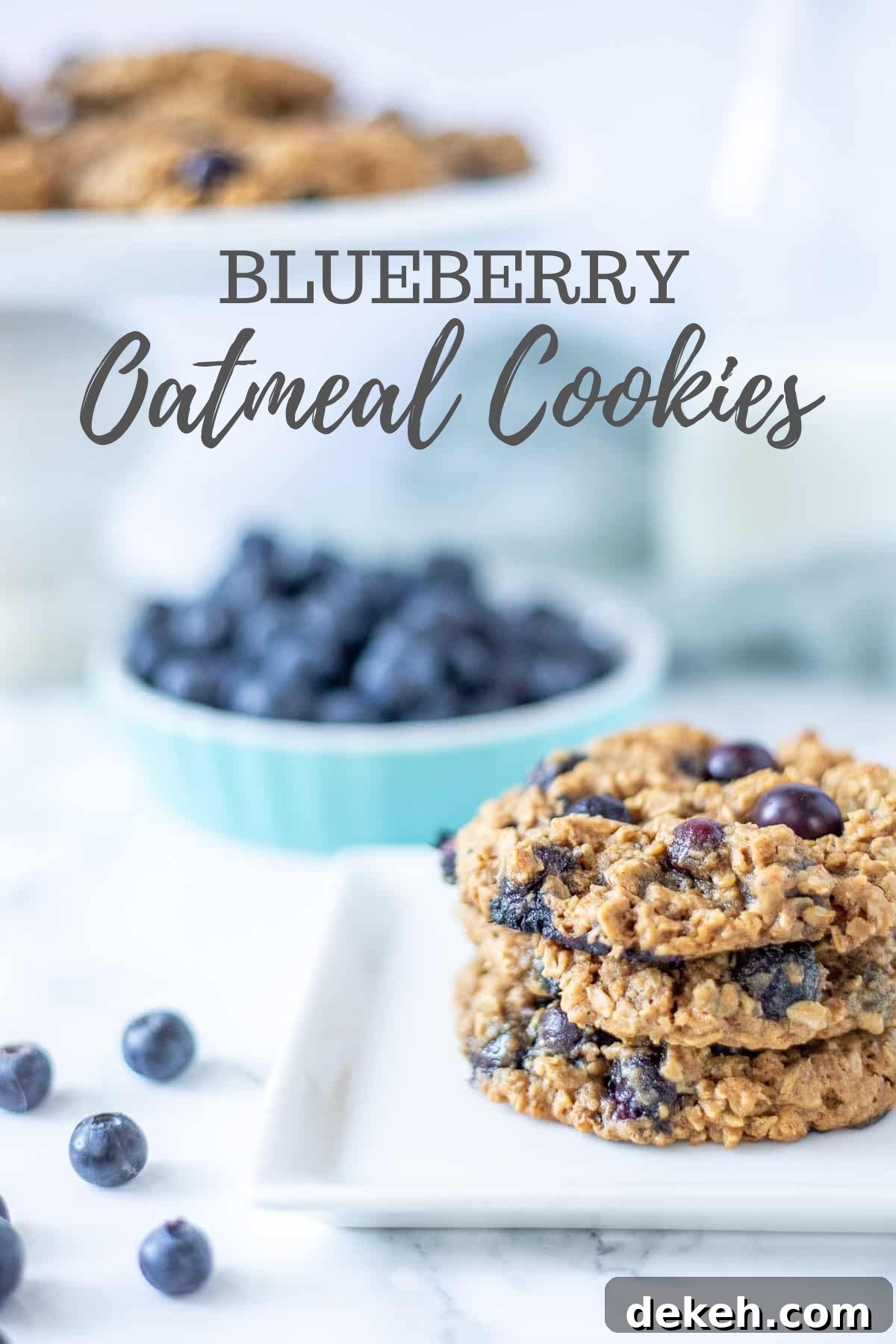 three blueberry oatmeal cookies stacked on a white plate with fresh blueberries to the left and in the background