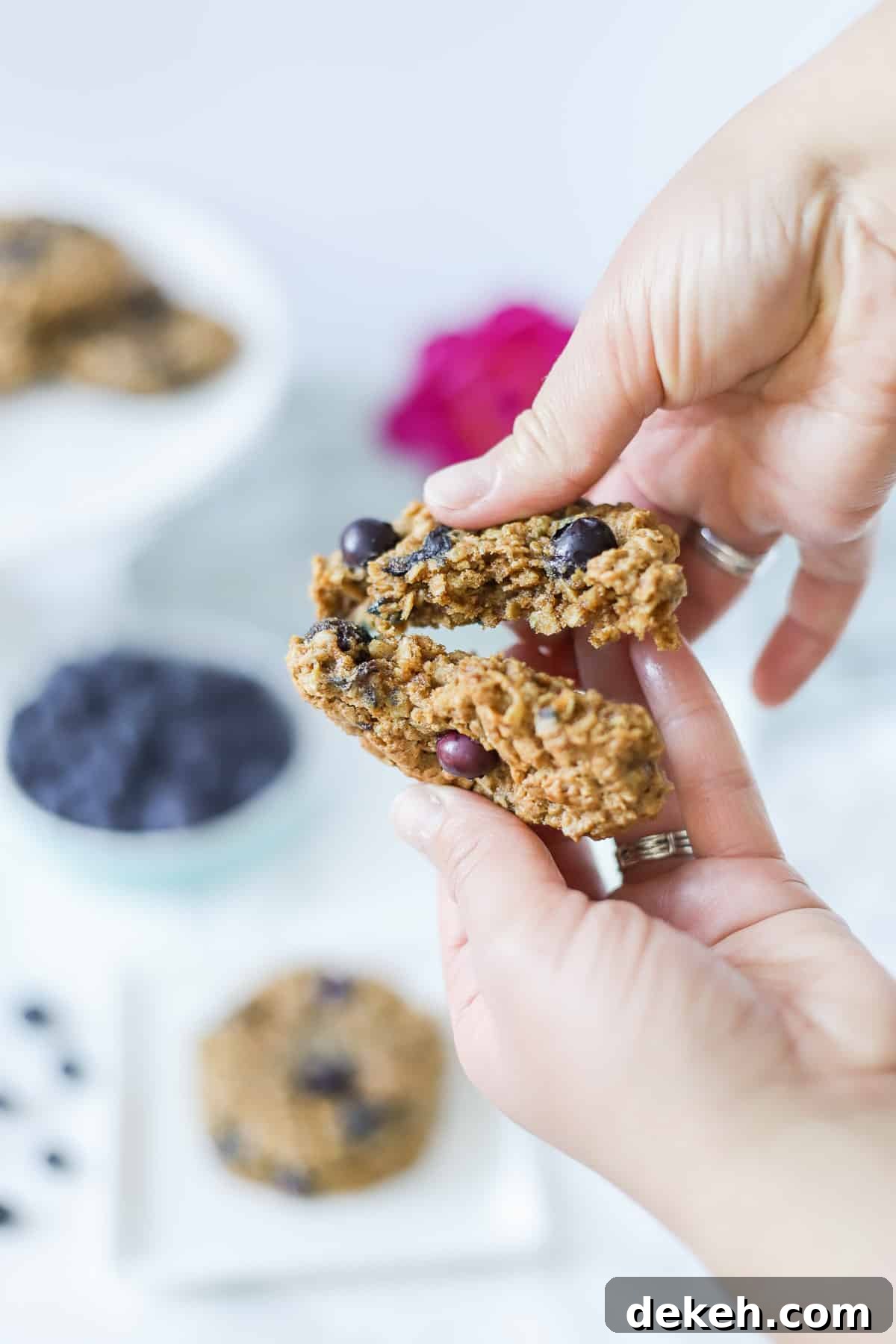 hands breaking a blueberry oatmeal cookie in half. Blueberries, flowers, and cookies in the background
