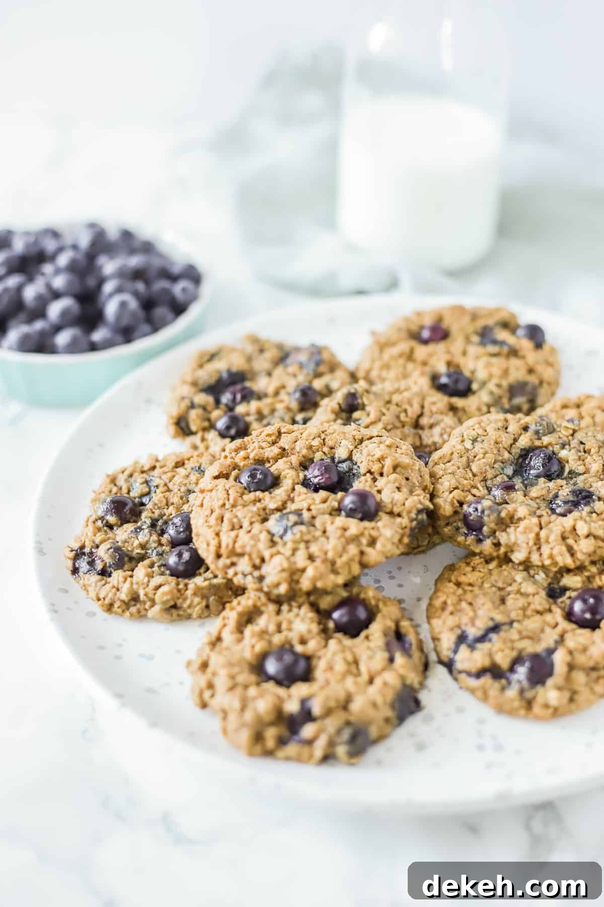 blueberry oatmeal cookies on a blue and white plate with blueberries and milk in the background