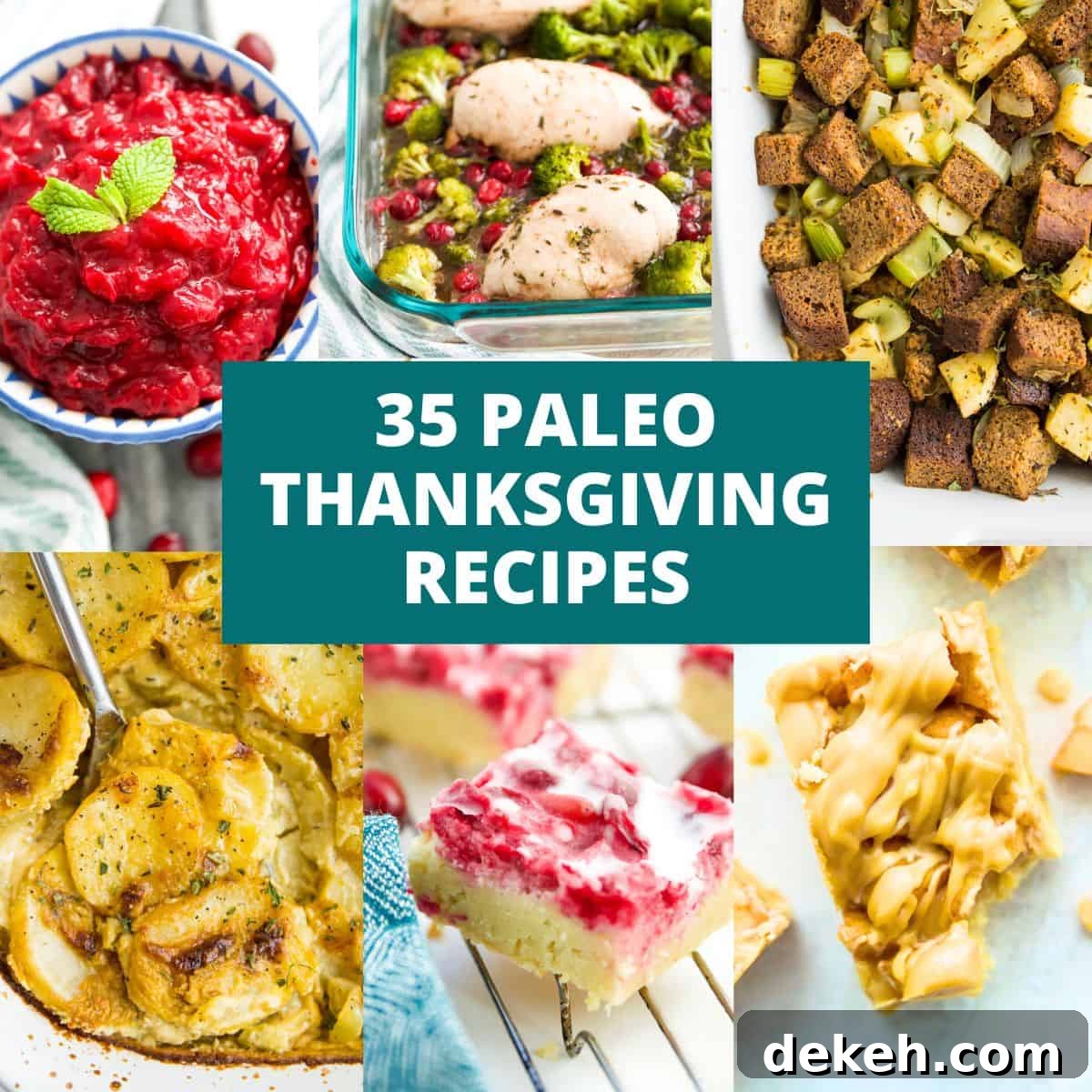 A collage of different Thanksgiving dishes including cranberry sauce, stuffing, apple pie bars, cranberry apple bars and scalloped potatoes.