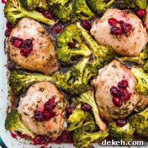A pan filled with cooked chicken thighs surrounded by cooked broccoli and topped with cranberries.