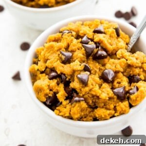 A bowl of edible pumpkin cookie dough with chocolate chips with a spoon in it.