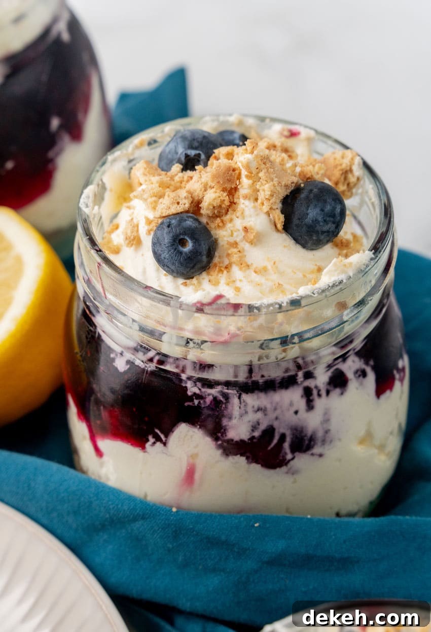 a close up of a blueberry cheesecake jar