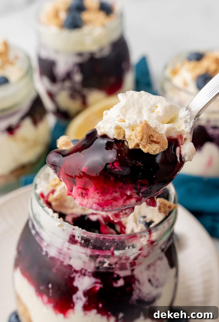 a silver spoon holding up a scoop of blueberry pie filling topped cheesecake