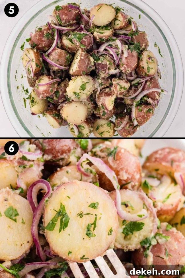 collage showing the finished potato salad in a bowl and then a close-up