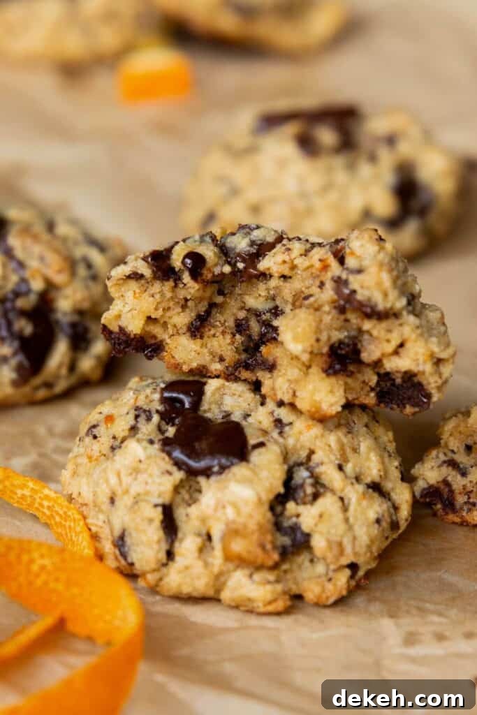 inside of a soft and thick chocolate chip orange oatmeal cookies