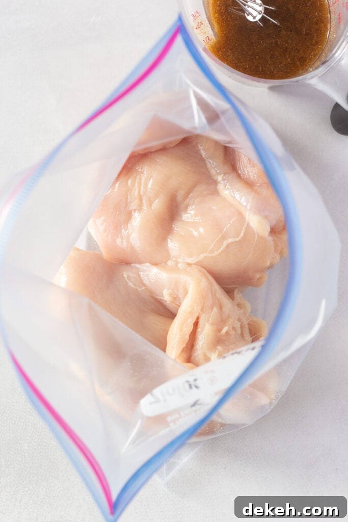 Top down shot of raw chicken breasts in a ziploc bag.