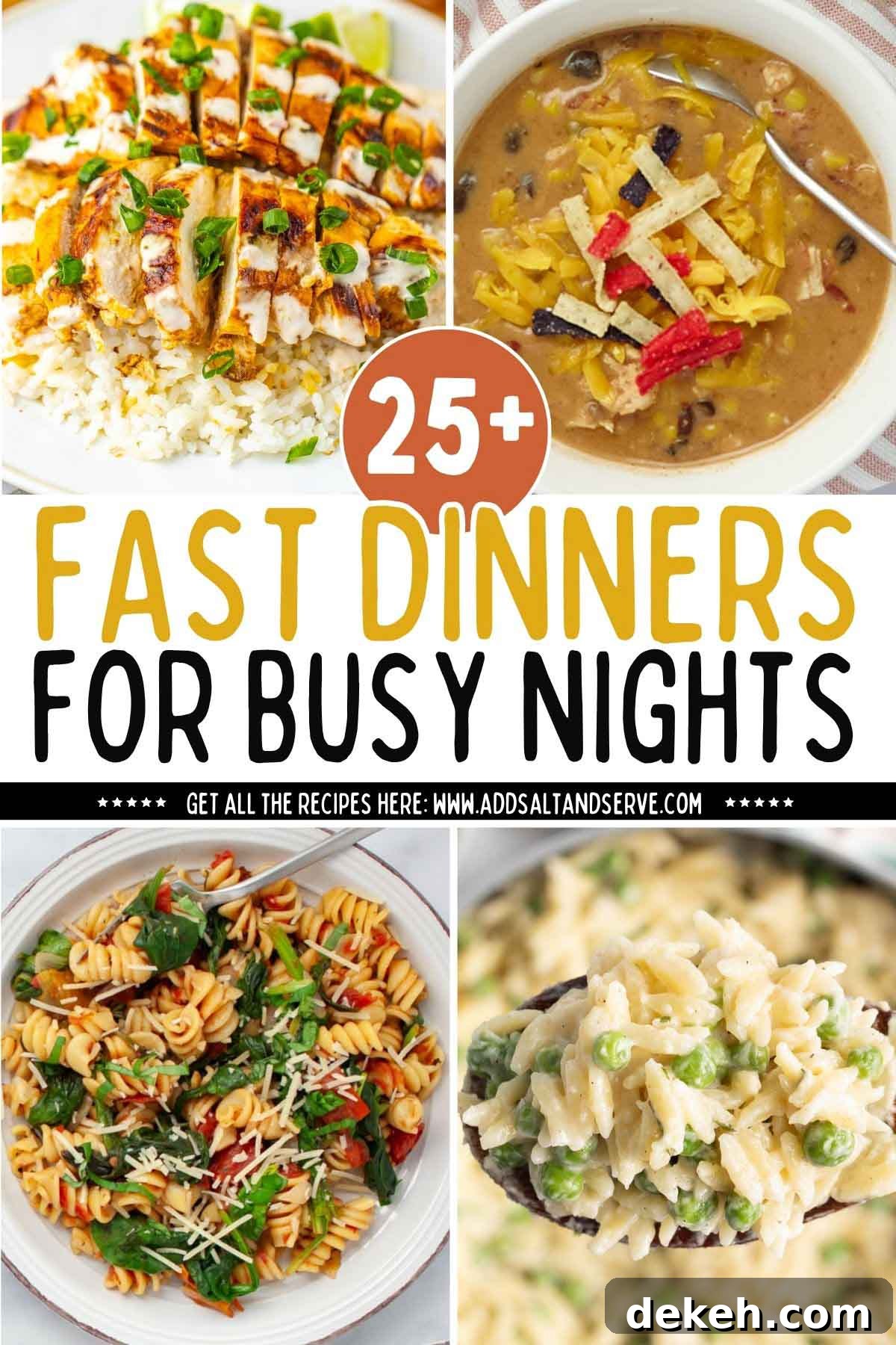 Collage of 4 recipe images with text 25+ fast dinners for busy nights.
