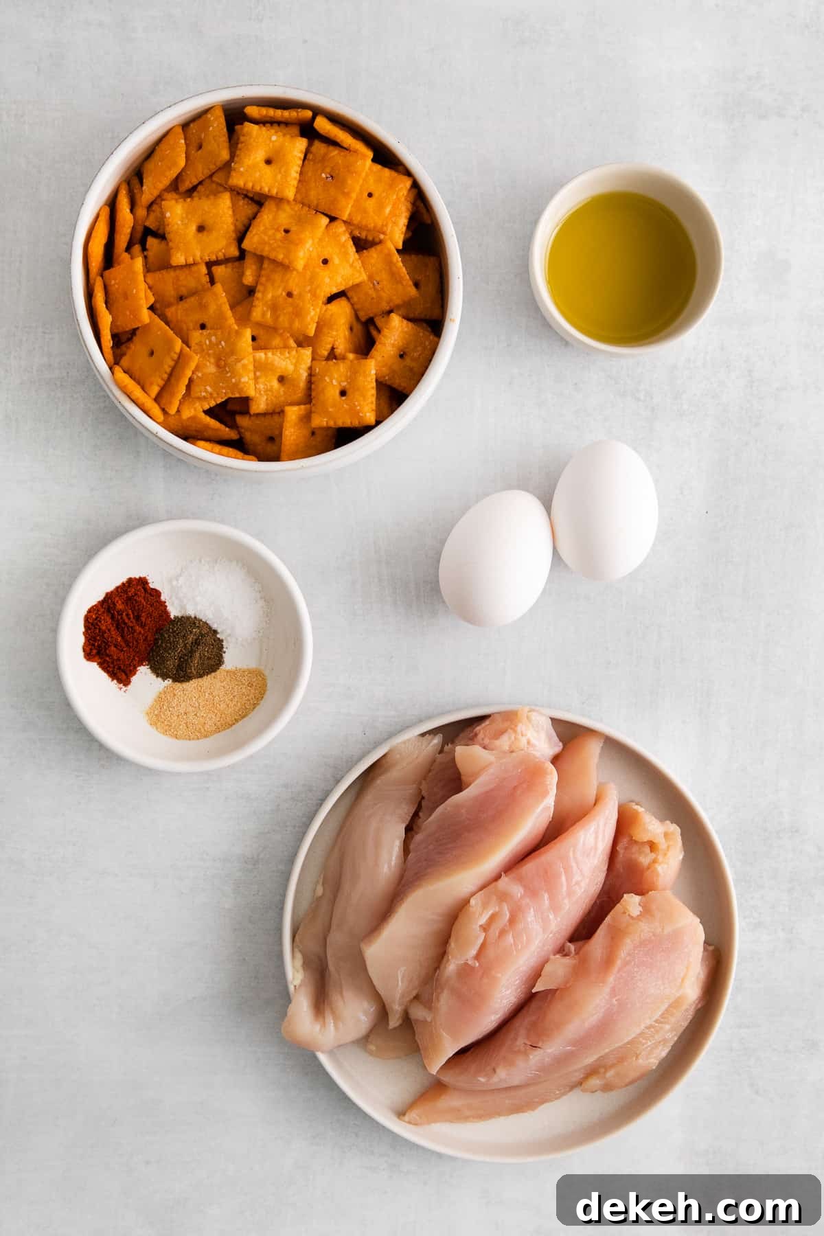 Ingredients for cheez-it breaded chicken fingers in bowls.