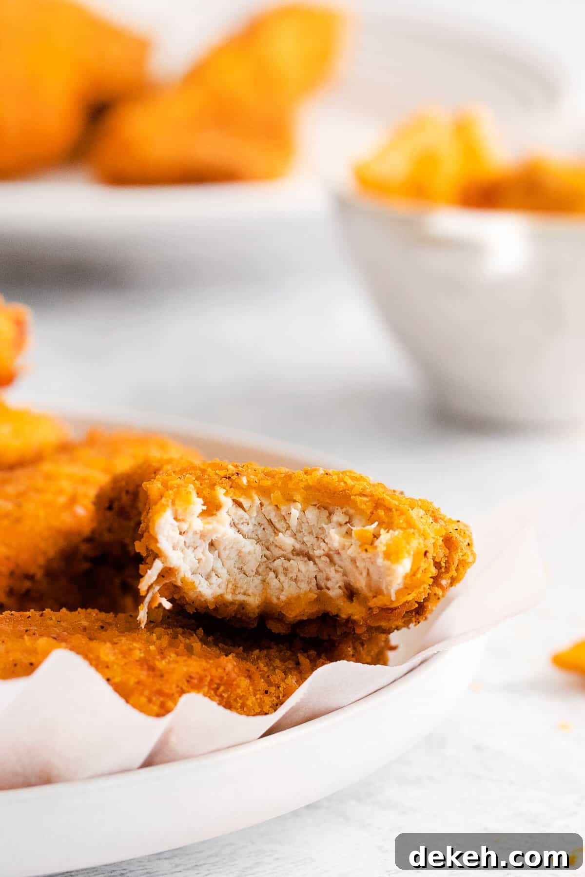 Cheez it breaded chicken finger with a bite taken out of it.