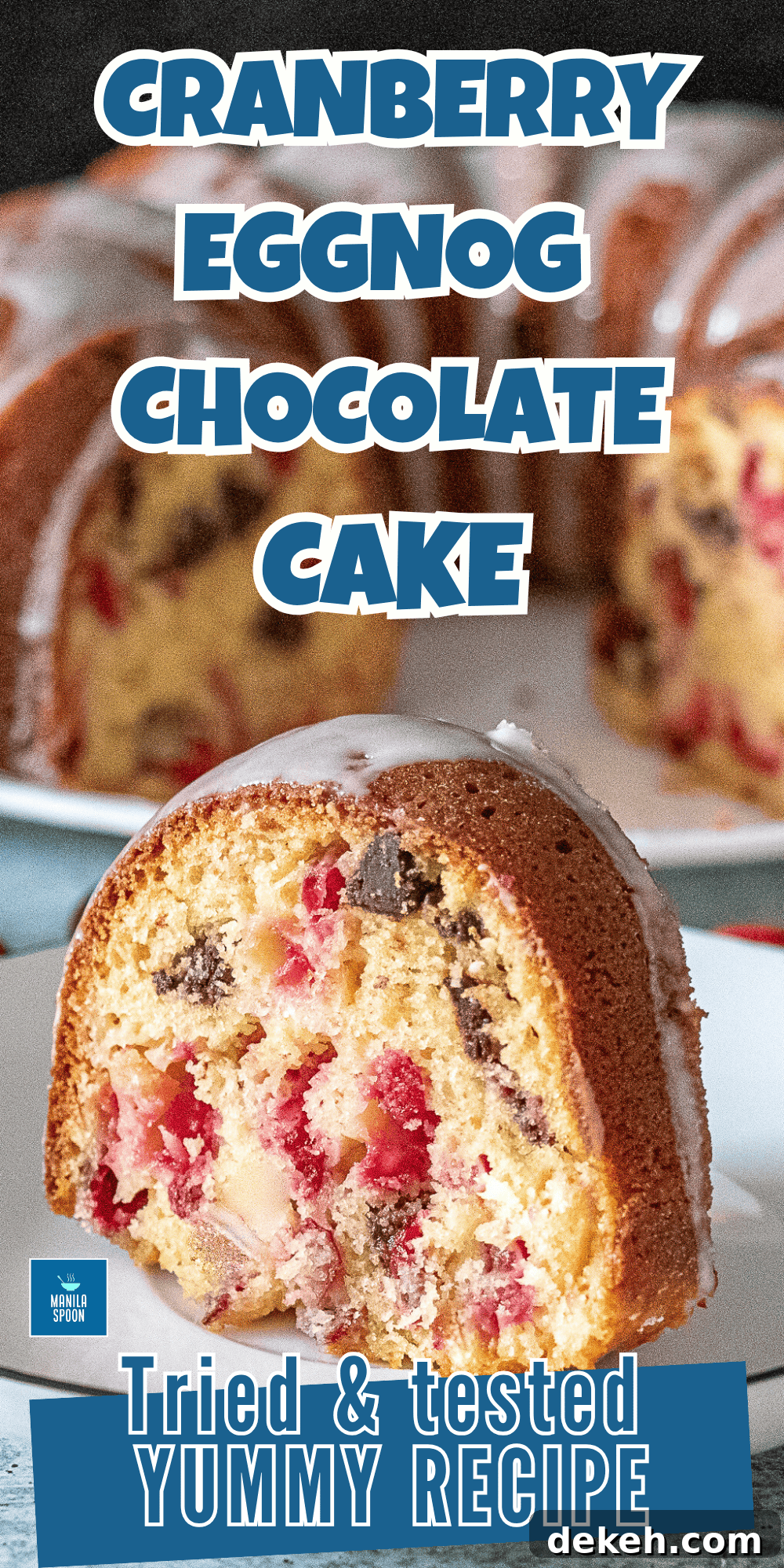 Sweet, tart, and full of chocolatey goodness, this Cranberry Eggnog Chocolate Chip Cake is the ultimate holiday dessert! Quick and easy to make—no mixer needed—this festive cake combines rich eggnog flavor with juicy cranberries and chocolate chips for a delicious Christmas or New Year treat!