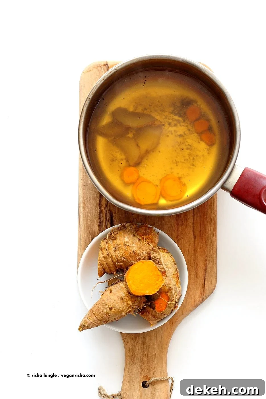Ginger Turmeric Root Tea. Fresh Turmeric Root and ginger simmered with black pepper. Add sweetener of choice. Serve hot or chilled. Vegan Gluten-free Recipe | VeganRicha.com