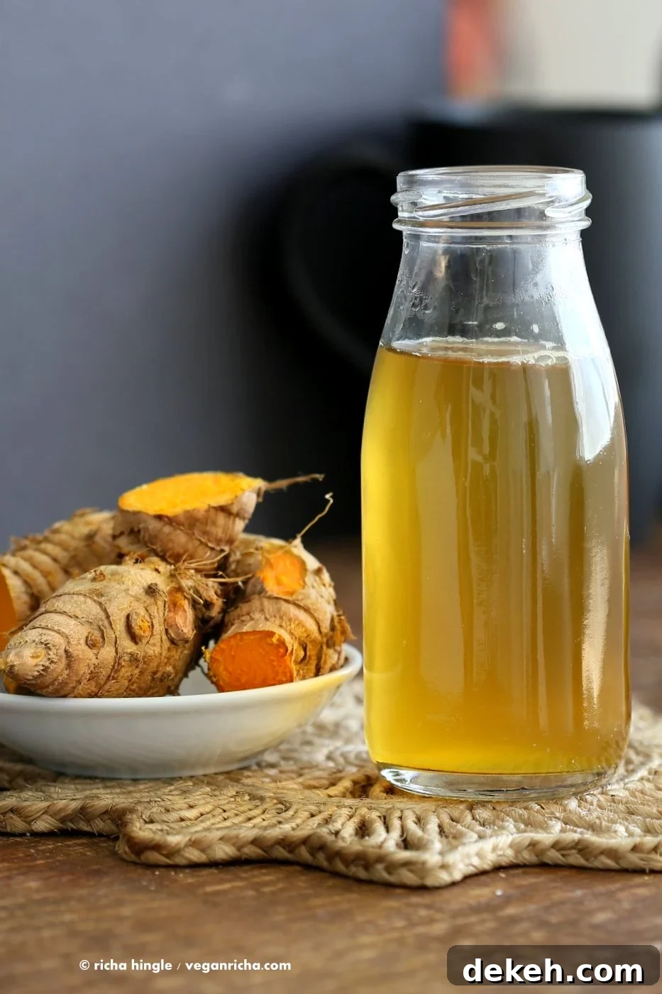 Ginger Turmeric Root Tea. Fresh Turmeric Root and ginger simmered with black pepper. Add sweetener of choice. Serve hot or chilled. Vegan Gluten-free Recipe | VeganRicha.com