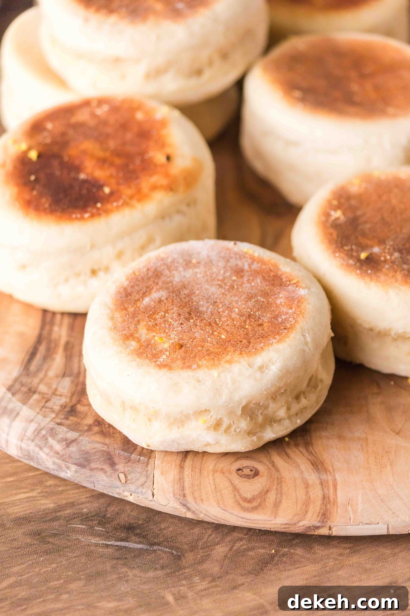 Tableview of baked sourdough english muffins recipes sitting on a cutting board - Hostess At Heart