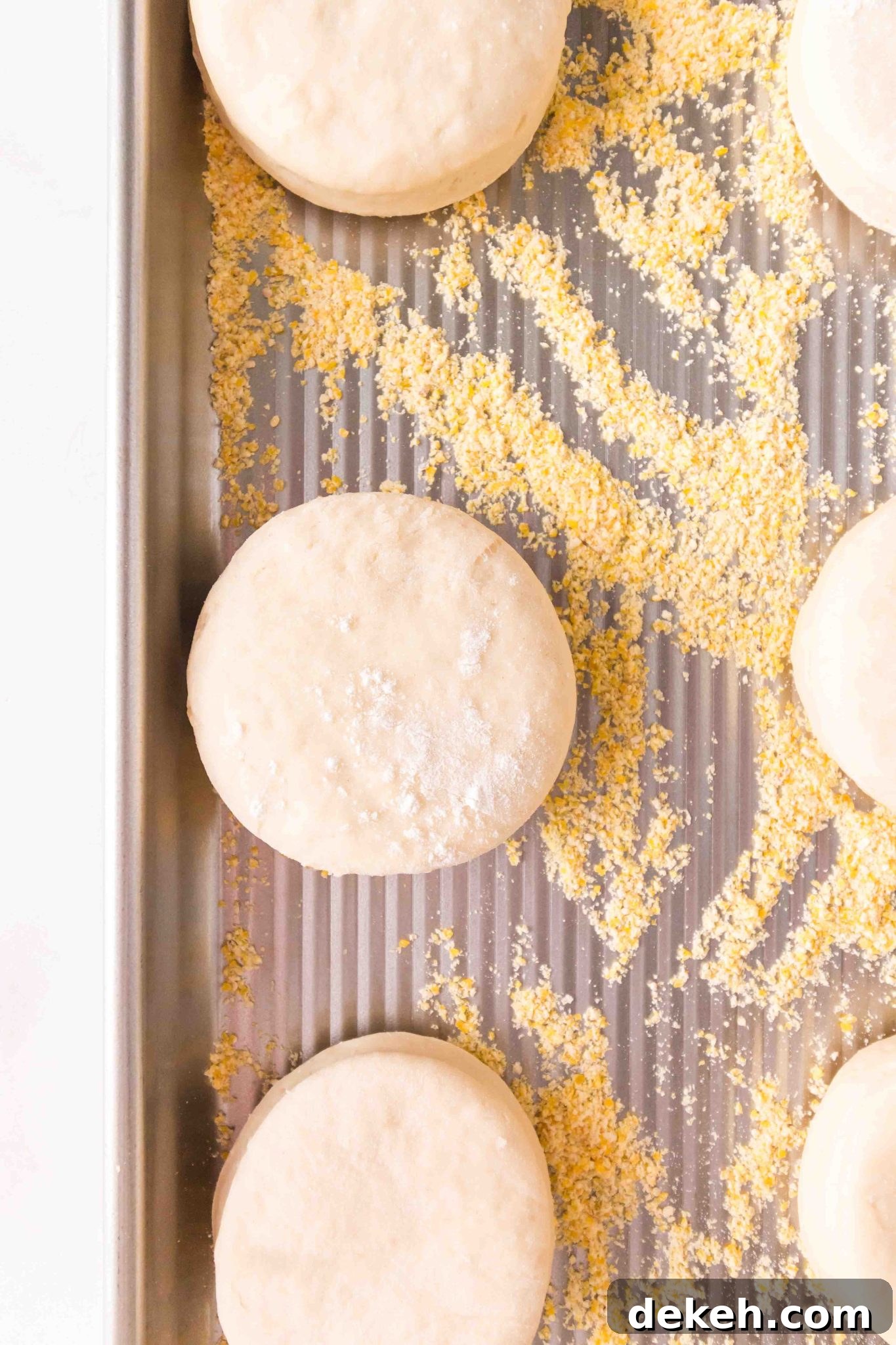 Top down view of cut English Muffins sitting on a baking sheet dusted with cornmeal - Hostess At Heart