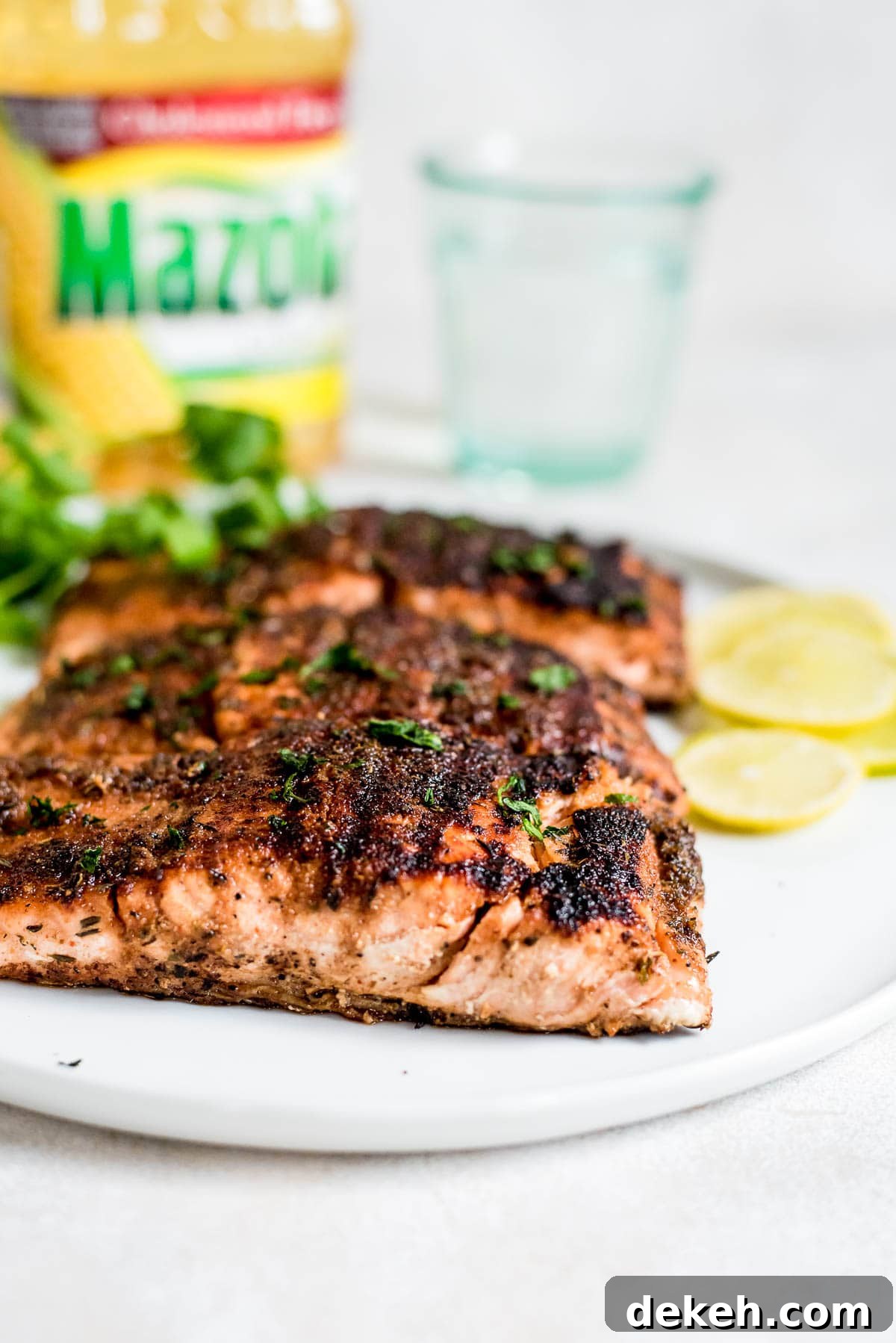 close up of grilled salmon on plate