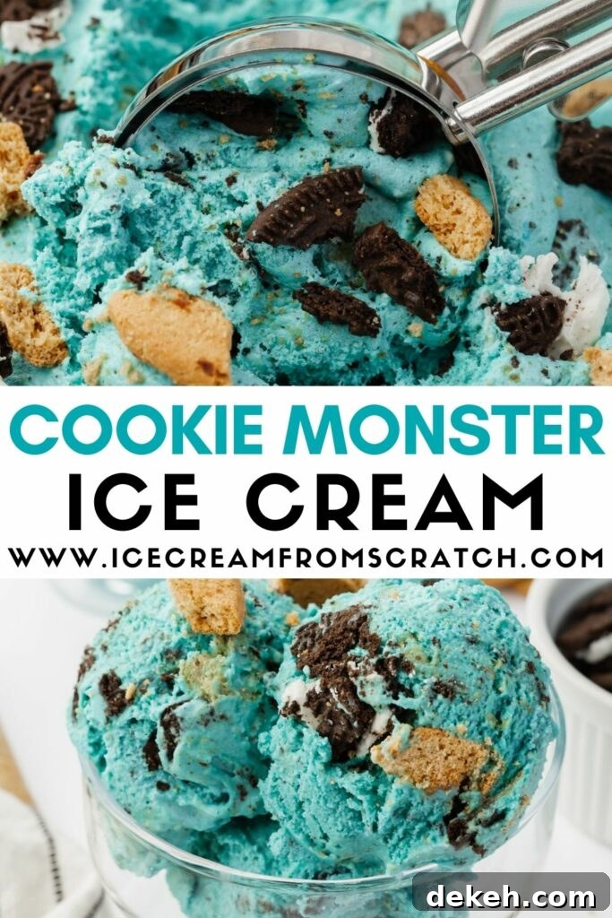 Two photos of blue cookie monster ice cream. Text in between the photos says, Cookie Monster Ice Cream