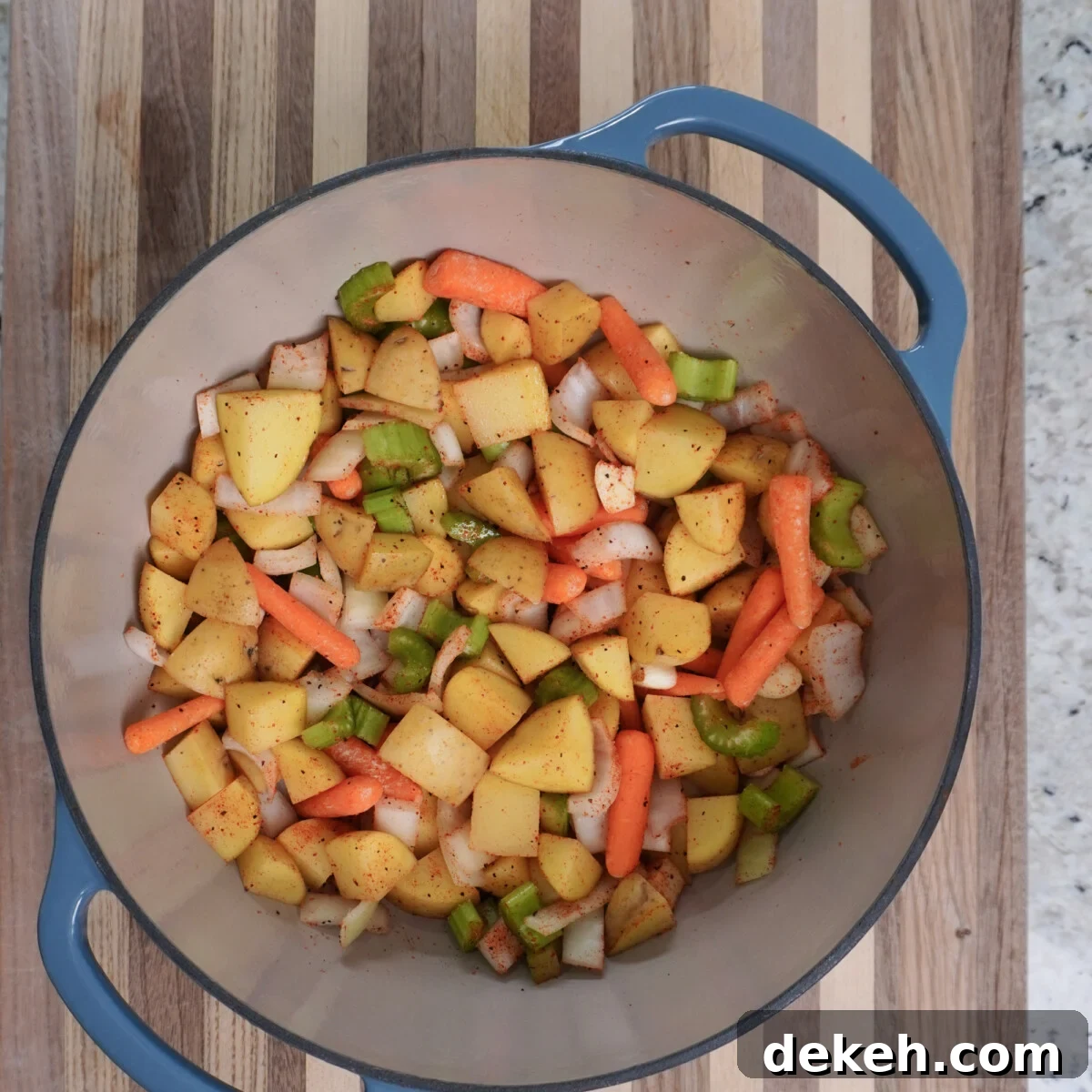 chopped veggies in a dutch oven.